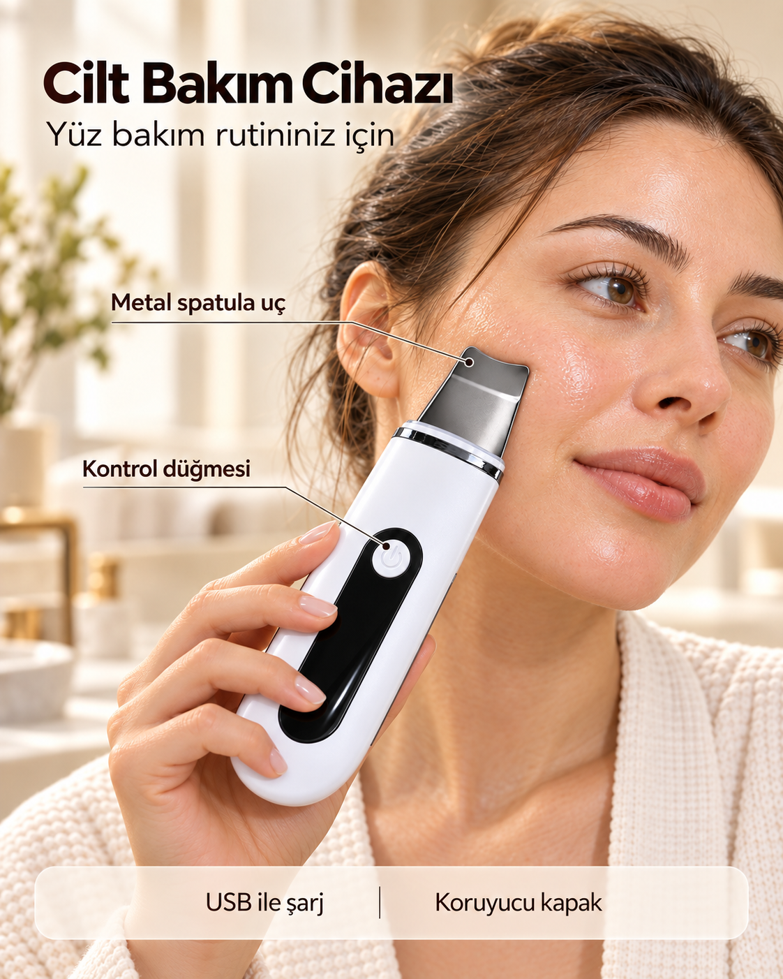 Yüz Bakım Rutini İçin Metal Uçlu USB Şarjlı Beyaz Cilt Bakım Cihazı - Lisinya