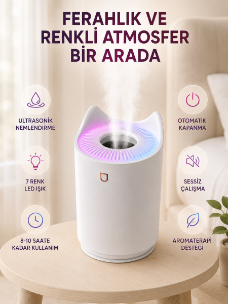 Aroma Difüzör Hava Nemlendirici Sessiz Çalışma LED Gece Lambası