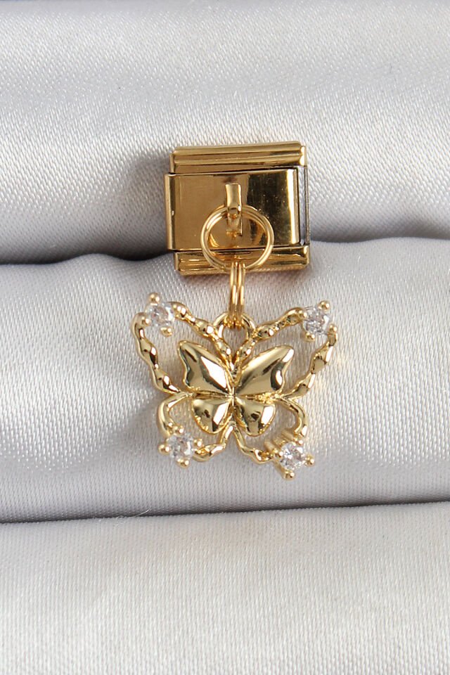 316L Çelik Sallantılı Zirkon Taşlı Kelebek Model Gold Renk Nomination Charm - Lisinya