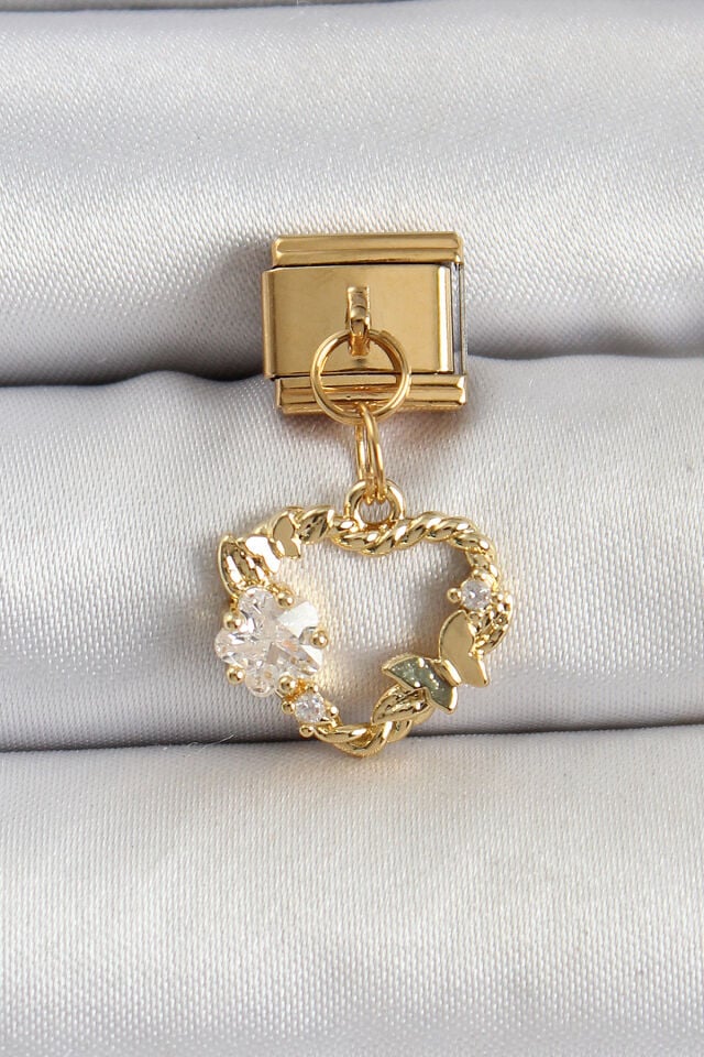 316L Çelik Sallantılı Zirkon Taşlı Kalp Model Gold Renk Nomination Charm - Lisinya