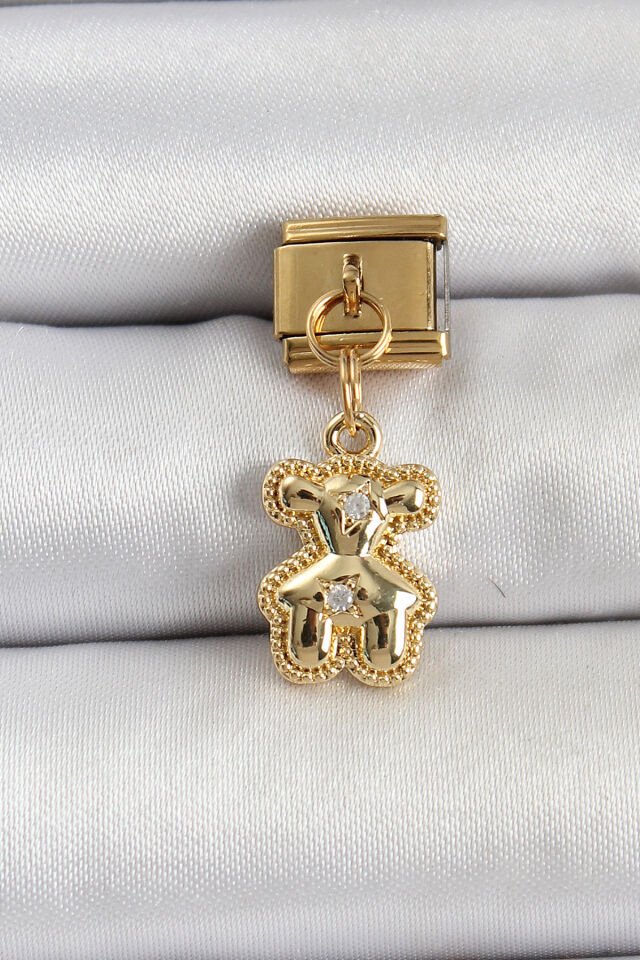 316L Çelik Sallantılı Zirkon Taşlı Ayıcık Model Gold Renk Nomination Charm - Lisinya