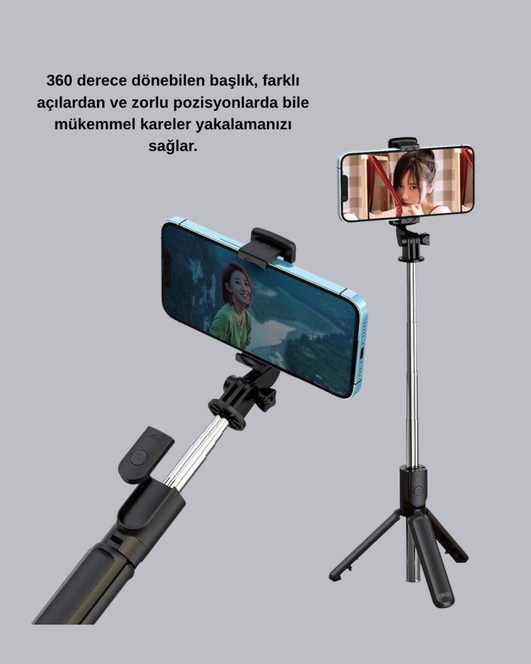 Kablosuz Bluetooth Selfie Çubuğu – 360° Dönebilir Başlık, Taşınabilir ve Şık Tasarım - Lisinya