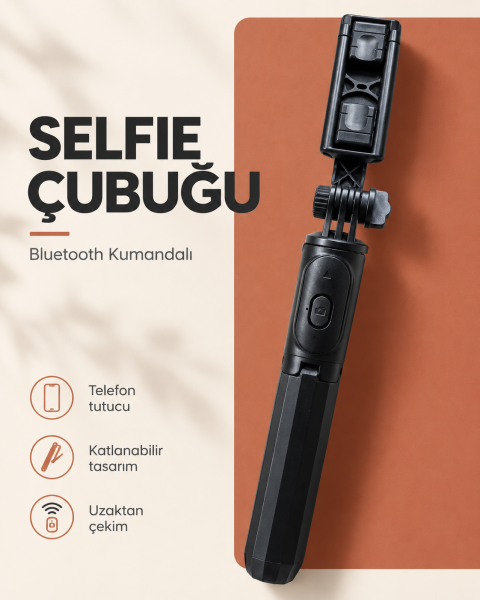 Bluetooth Kumandalı Katlanabilir Selfie Çubuğu ve Telefon Tutucu - Lisinya