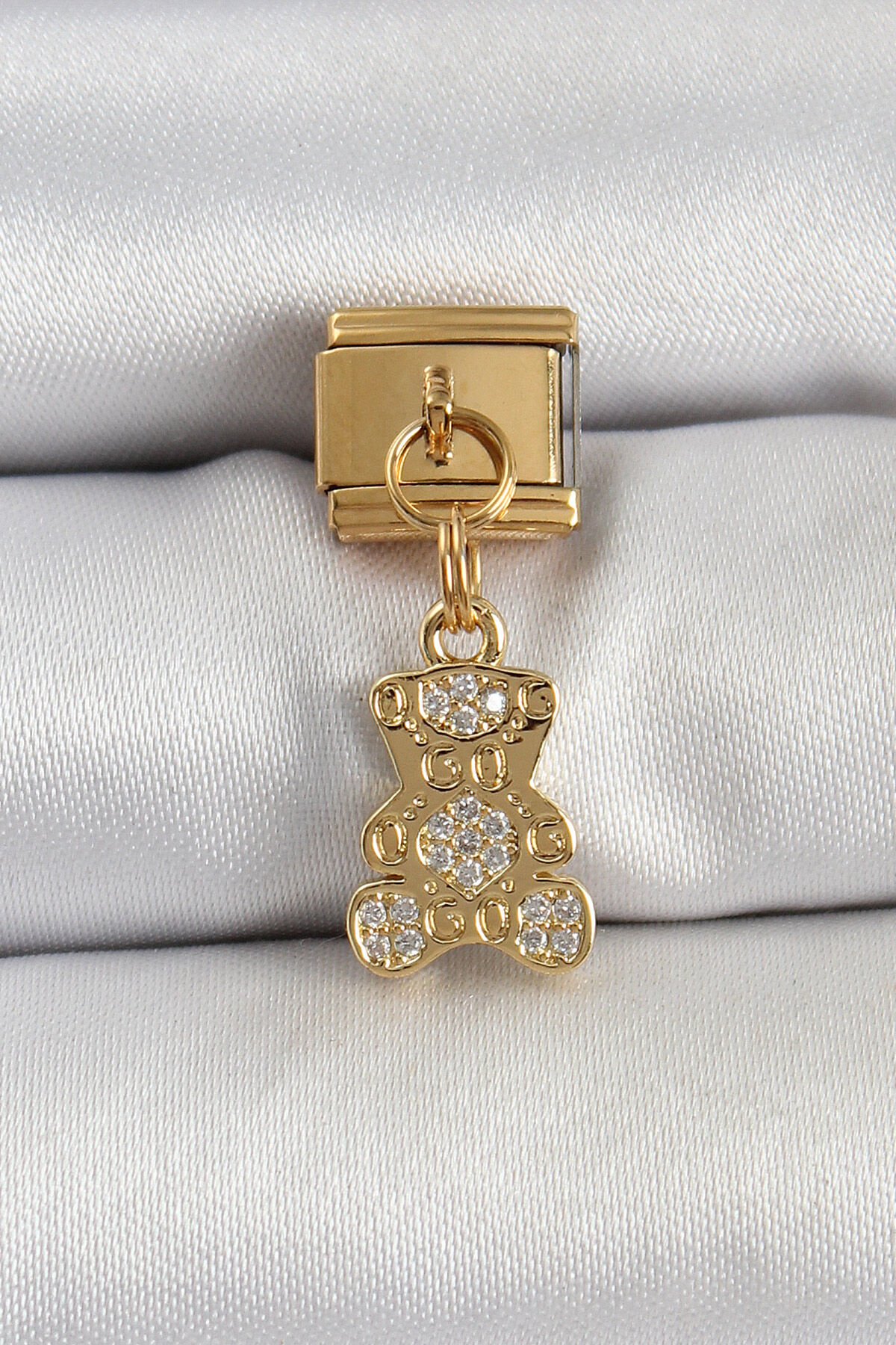 316L Çelik Sallantılı Zirkon Taşlı Ayıcık Model Gold Renk Nomination Charm - Lisinya