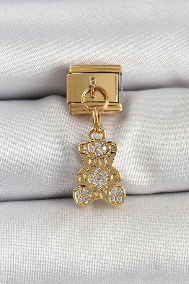 316L Çelik Sallantılı Zirkon Taşlı Ayıcık Model Gold Renk Nomination Charm - Lisinya