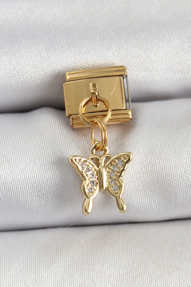 316L Çelik Sallantılı Zirkon Taşlı Kelebek Model Gold Renk Nomination Charm - Lisinya