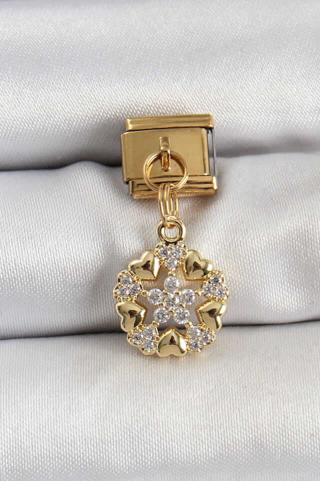 316L Çelik Sallantılı Zirkon Taşlı Kalp Detaylı Yıldz Model Gold Renk Nomination Charm - Lisinya