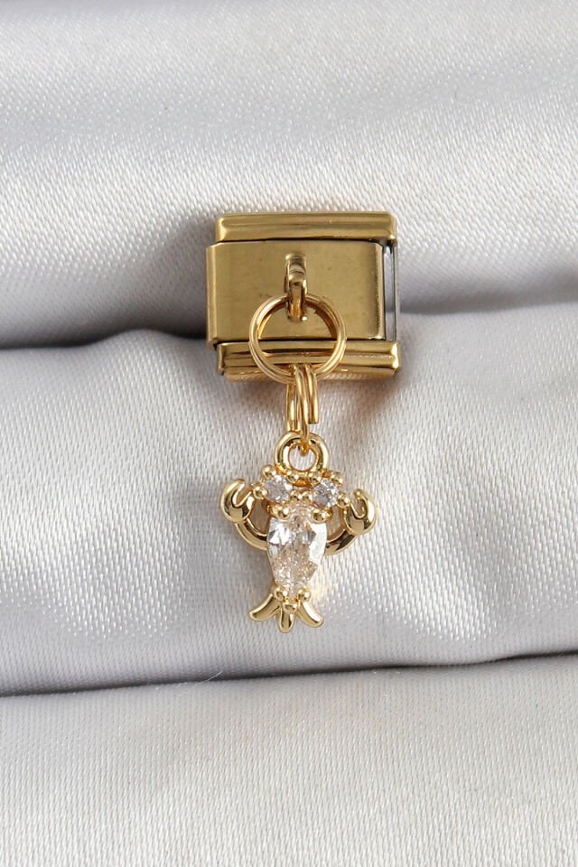 316L Çelik Sallantılı Zirkon Taşlı Yengeç Model Gold Renk Nomination Charm - Lisinya