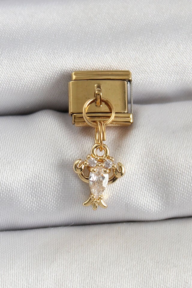 316L Çelik Sallantılı Zirkon Taşlı Yengeç Model Gold Renk Nomination Charm - Lisinya