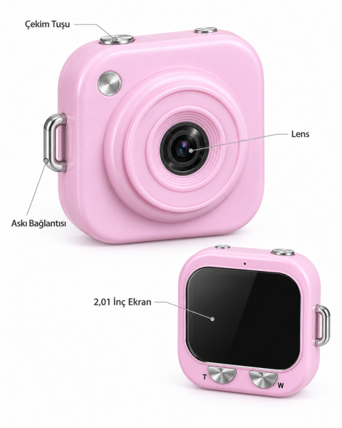 Pembe Renk 2,01 İnç Ekranlı Taşınabilir Mini Dijital Fotoğraf Makinesi - Lisinya