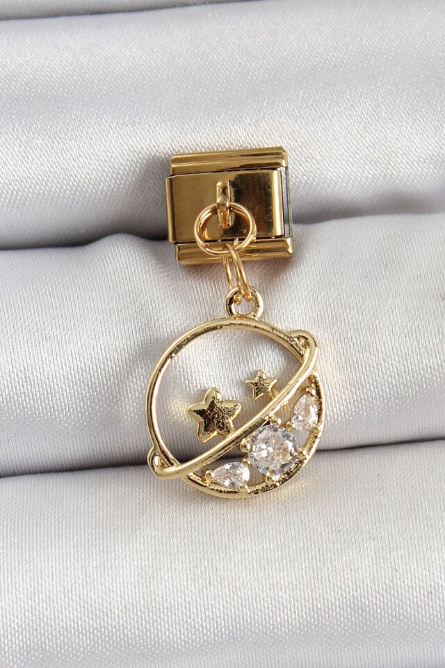 316L Çelik Sallantılı Zirkon Taşlı Satürn Model Gold Renk Nomination Charm - Lisinya