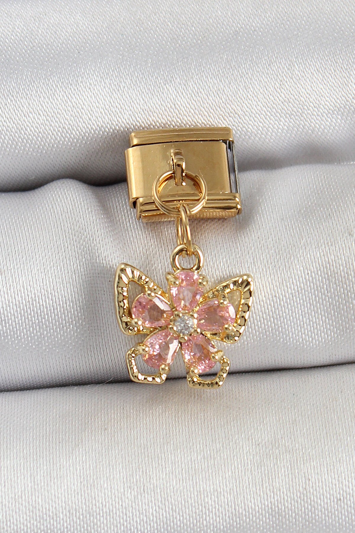 316L Çelik Sallantılı Zirkon Taşlı Çiçek Figürlü Kelebek Model Gold Renk Nomination Charm - Lisinya