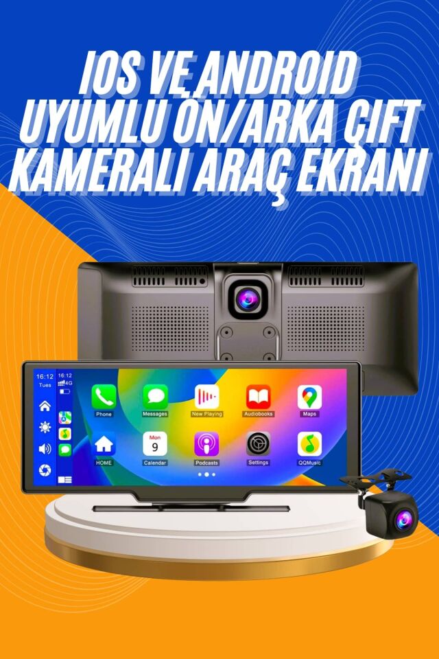 Android ve İOS Uyumlu Ön Arka Çift Kameralı Araç Ekranı Dokunmatik CarPlay - Lisinya