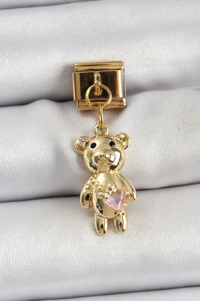 316L Çelik Sallantılı Zirkon Taşlı Ayıcık Model Gold Renk Nomination Charm - Lisinya