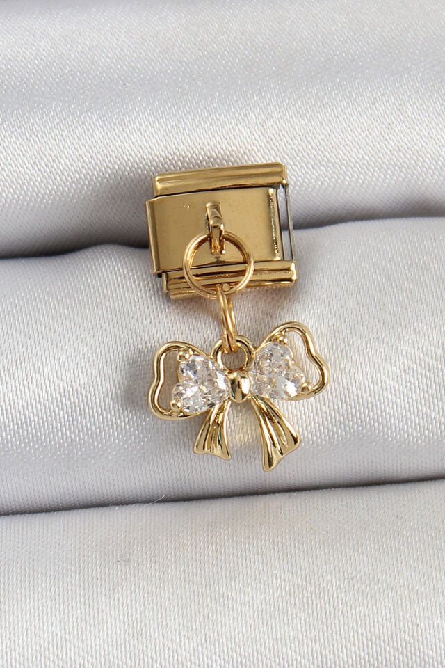 316L Çelik Sallantılı Zirkon Taşlı Fiyonk Model Gold Renk Nomination Charm - Lisinya