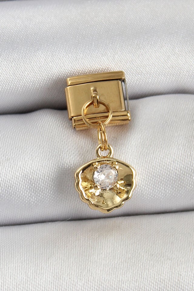 316L Çelik Sallantılı Zirkon Taşlı İstiridye Model Gold Renk Nomination Charm - Lisinya