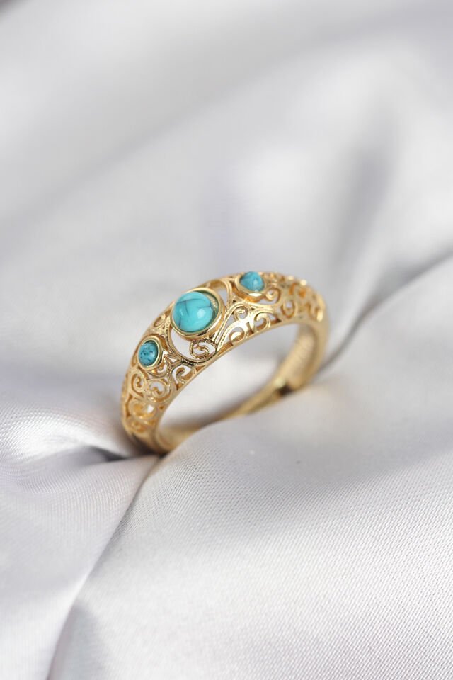 Vintage Model Mavi Taşlı Gold Renk Kadın Yüzük - Lisinya