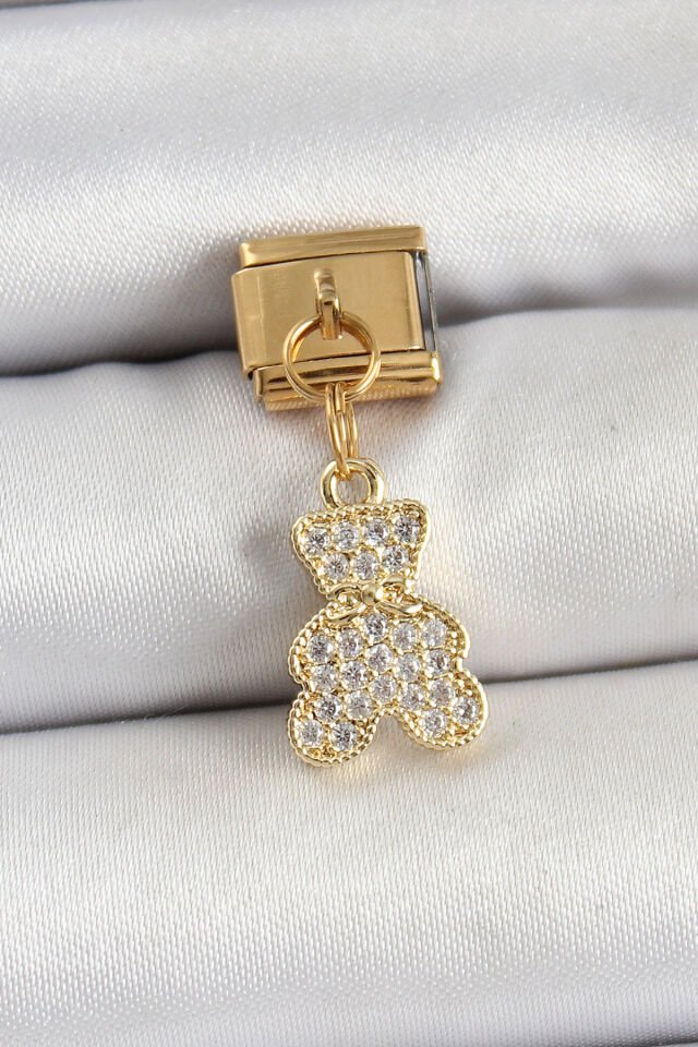 316L Çelik Sallantılı Zirkon Taşlı Ayıcık Model Gold Renk Nomination Charm - Lisinya