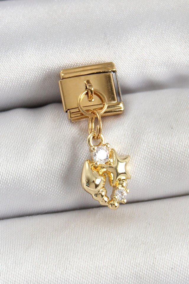 316L Çelik Sallantılı Zirkon Taşlı Deniz Kabuğu Ve Yıldız Model Gold Renk Nomination Charm - Lisinya