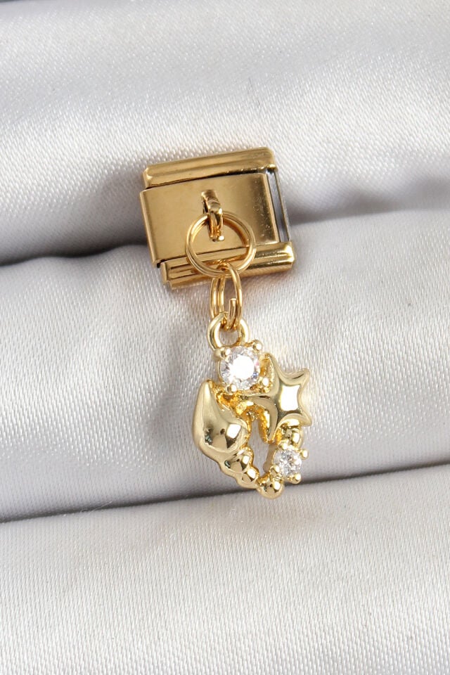 316L Çelik Sallantılı Zirkon Taşlı Deniz Kabuğu Ve Yıldız Model Gold Renk Nomination Charm - Lisinya