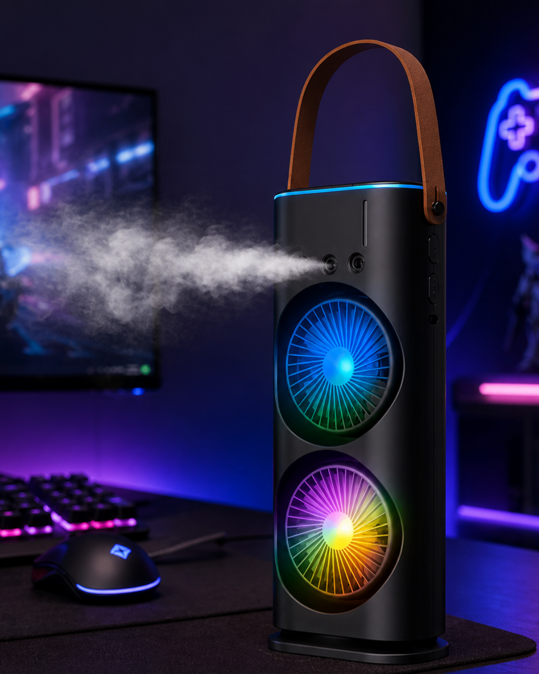 RGB Işıklı Spreyli Masa Fanı Çift Motorlu Güçlü Üflemeli Taşınabilir Fan YamanHobi