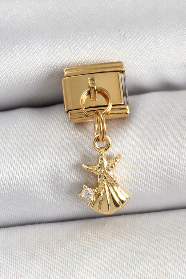 316L Çelik Sallantılı Zirkon Taşlı Deniz Yıldızı Ve İstiridye Model Gold Renk Nomination Charm - Lisinya