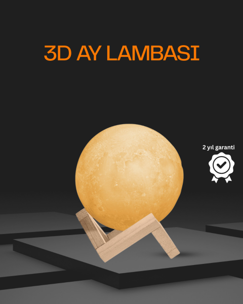 Ahşap Standlı 3D Baskı Ay Lambası 16 Renkli ve Şarjlı