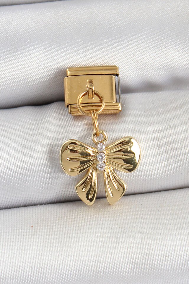 316L Çelik Sallantılı Zirkon Taşlı Fiyonk Model Gold Renk Nomination Charm - Lisinya