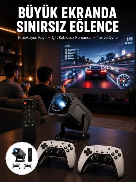 Çift Kollu Game Box Projeksiyon Cihazı Kumandalı Android Tv Dahili Hoparlör Yeni Nesil - Lisinya