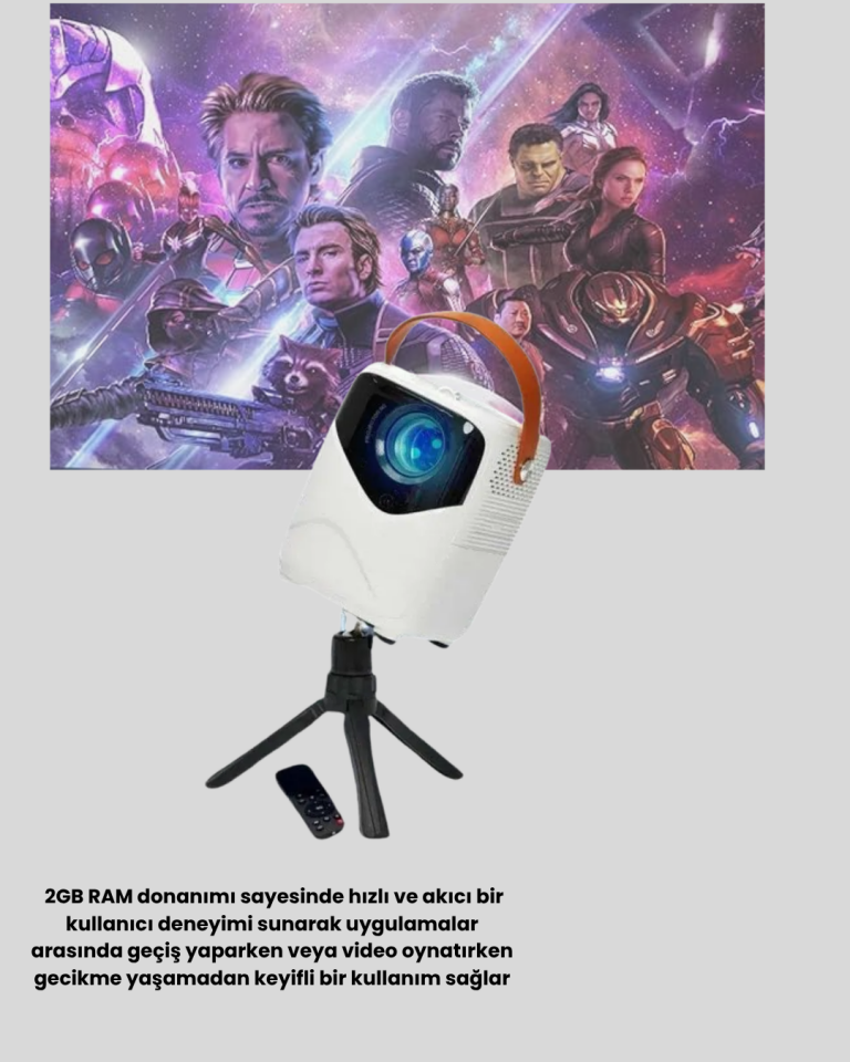 Taşınabilir Akıllı 1080P Projektör – 64GB Hafıza, 2GB RAM, Full HD Görüntü, Kumandalı - Lisinya