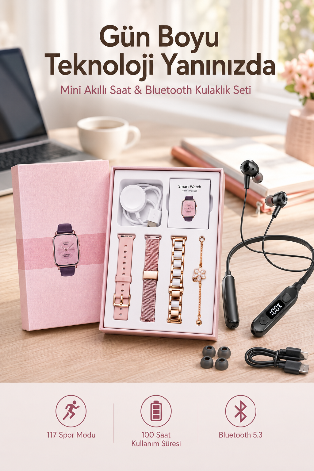 Kablolu Bluetooth Kulaklık ve Kadınlara Özel Bileklik Hediyeli Yeni Nesil Akıllı Saat 3 Kordonlu - Lisinya