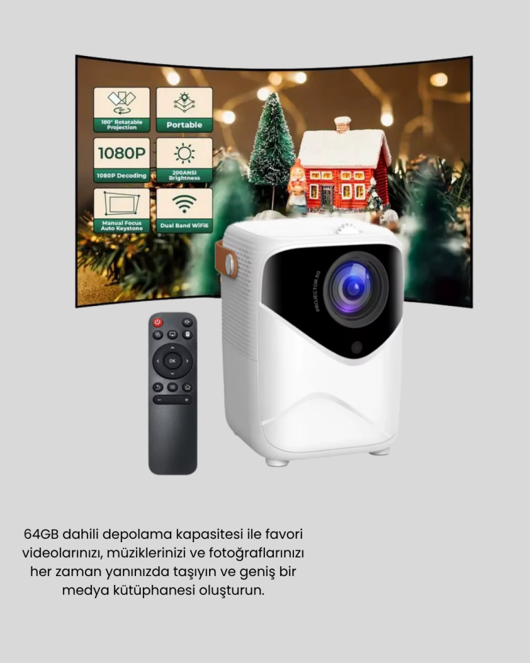 Taşınabilir 1080P HD Akıllı Projektör – 64GB Dahili Hafıza, 2GB RAM, Uzaktan Kumandalı - Lisinya
