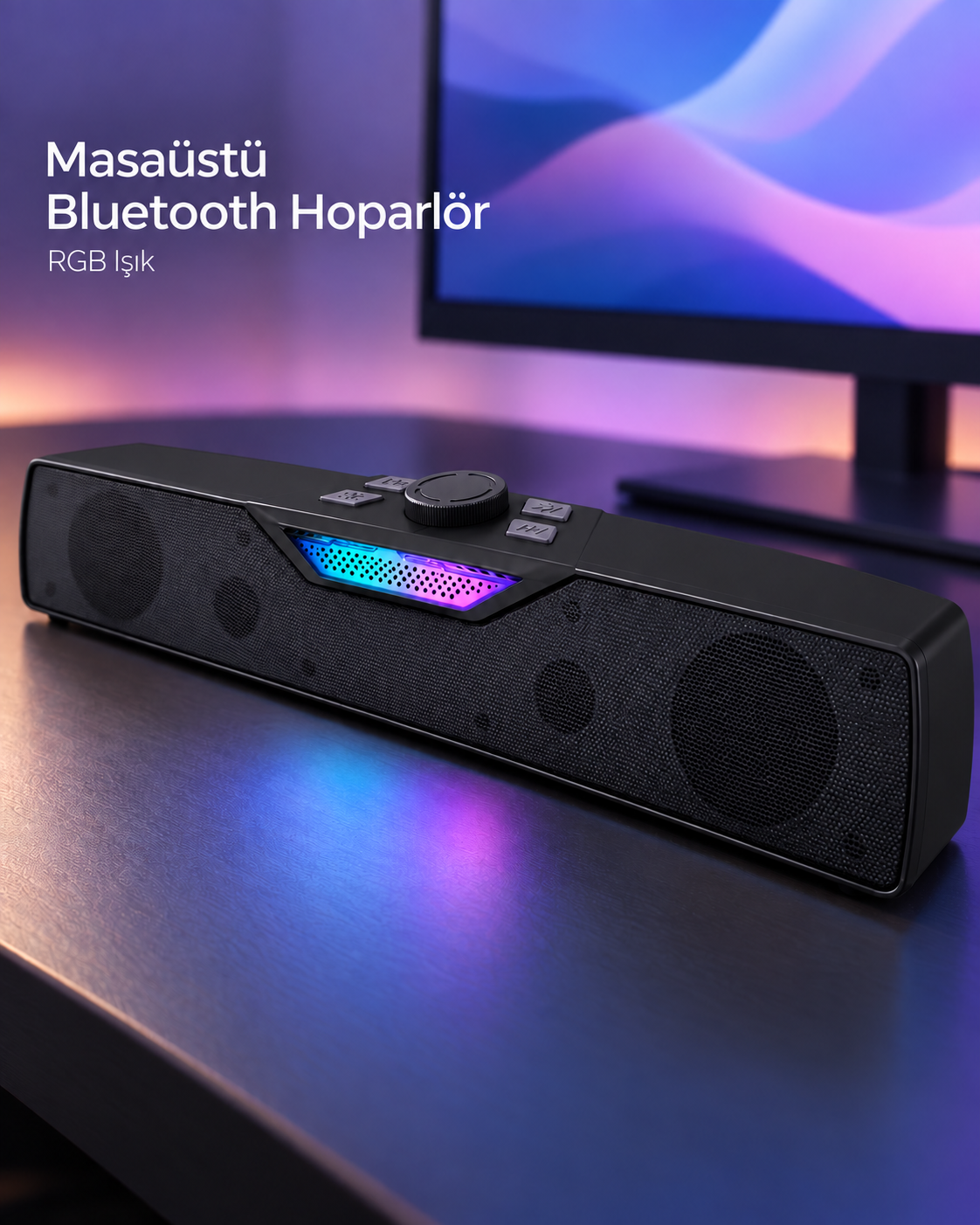 RGB Işıklı Bluetooth 5.4 Masaüstü Soundbar Hoparlör USB Destekli Siyah - Lisinya