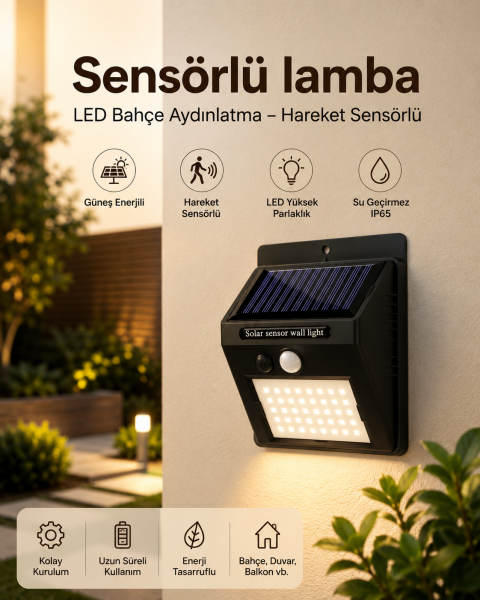Sensörlü, Güneş Enerjili LED Duvar Lambası Bahçe ve Balkon Aydınlatma - Lisinya