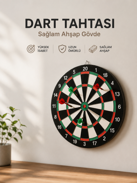 Evde, Ofiste ve Oyun Alanlarında Kullanıma Uygun Sağlam Ahşap Gövdeli Dart Tahtası - Lisinya