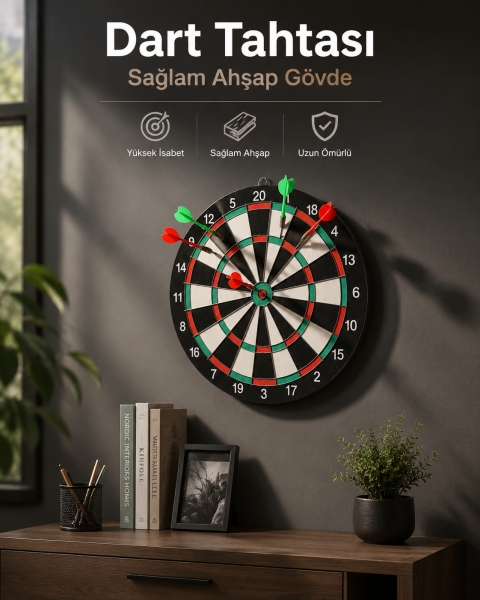 Duvara Monte Sağlam Ahşap Gövdeli Dart Tahtası Ev ve Oyun Alanları İçin 17 İnç - Lisinya