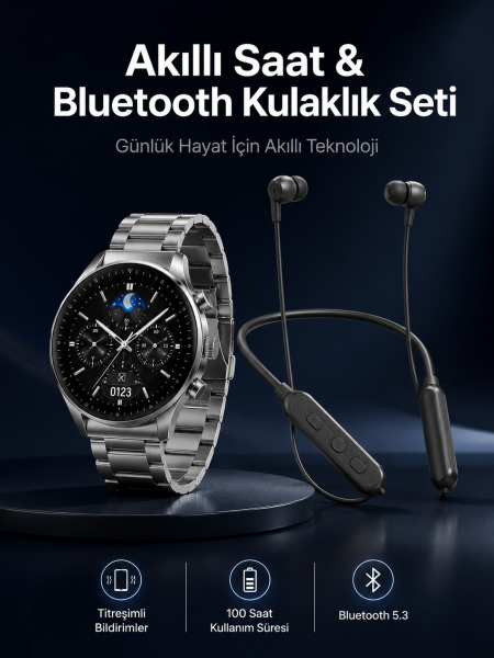 Alarm ve Titreşim Özellikli Akıllı Saat ve Mikrofonlu Kablolu Bluetooth Kulaklık 60 Saat - Lisinya
