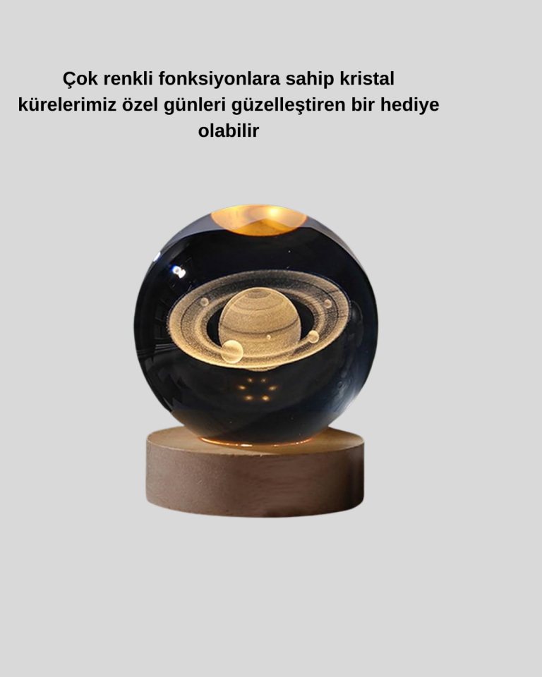 Satürn Gezegenli Kristal Küre LED Lamba USB’li Ahşap Standlı - Lisinya