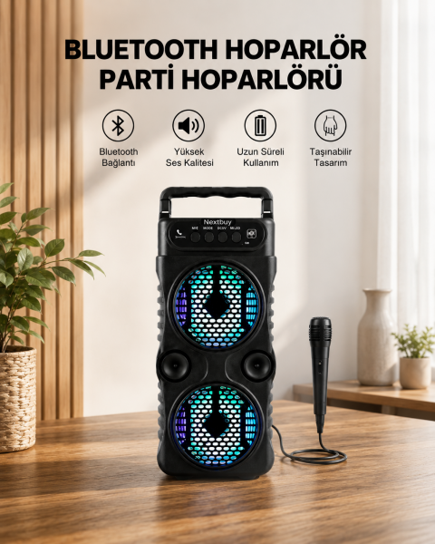 LED Işıklı Bluetoothlu Hoparlör Mikrofonlu Taşınabilir Ses Sistemi - Lisinya