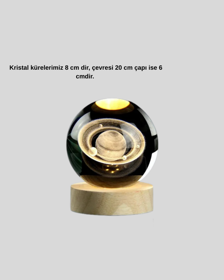 Satürn Desenli Kristal Küre LED Gece Lambası Ahşap Standlı - Lisinya