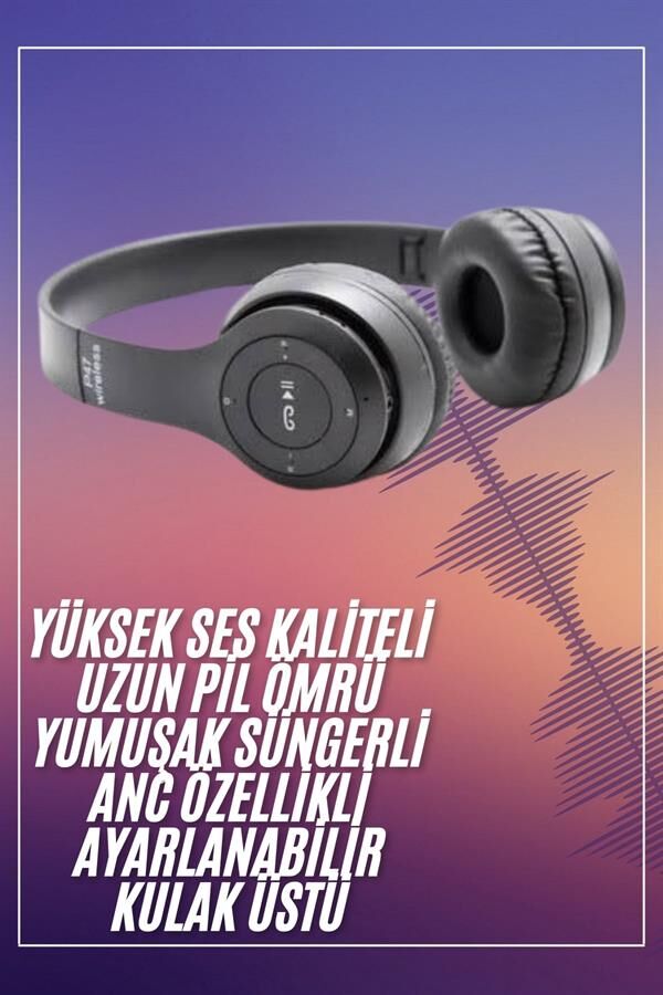 Bluetooth Kablosuz Kulaklık Siyah Wireless 5.0 Kulak Üstü Uzun Pil Ömrü - Lisinya