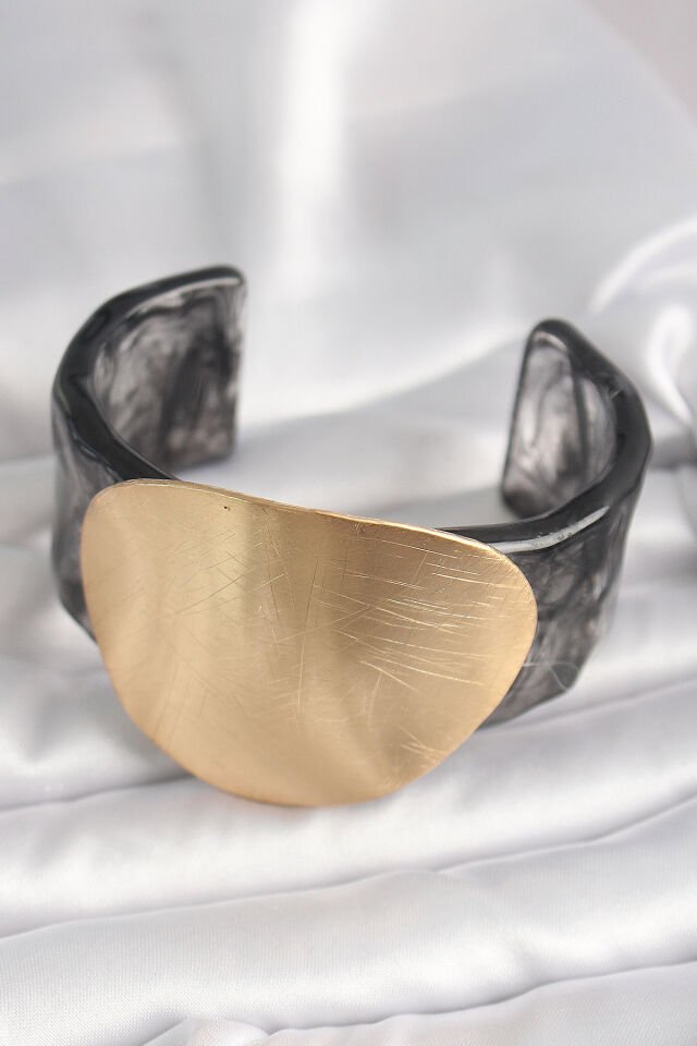 Siyah Mermer Desen Akrilik Plastik Gold Daire Plaka Model Vintage Kadın Bilezik - Lisinya