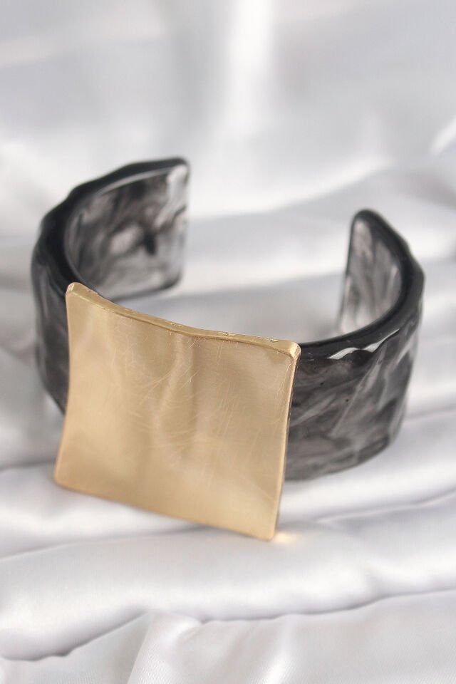 Siyah Mermer Desen Akrilik Plastik Gold Kare Plaka Model Vintage Kadın Bilezik - Lisinya