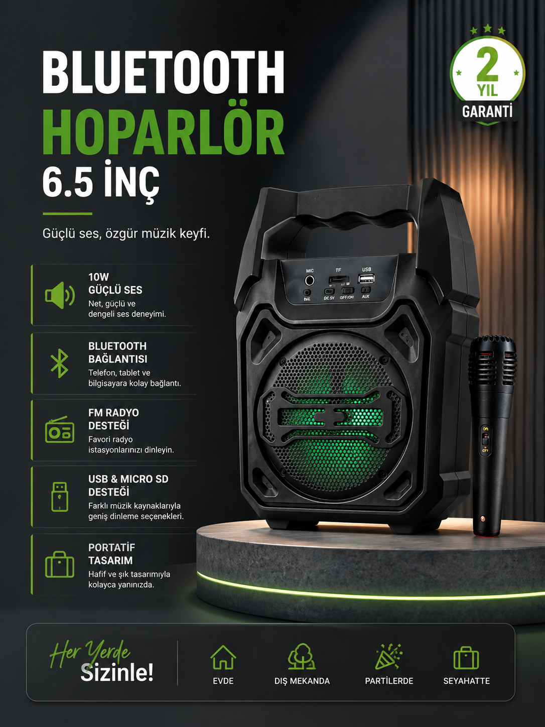 10W Güçlü Ses Performanslı Bluetooth Karaoke Hoparlörü - Lisinya