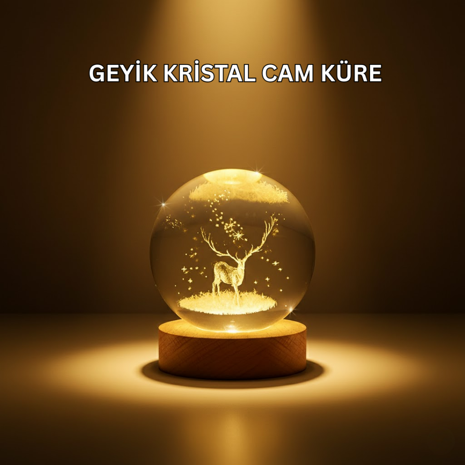 USB Bağlantılı Geyik Temalı Kristal Küre Premium Masa Gece Lambası - Lisinya