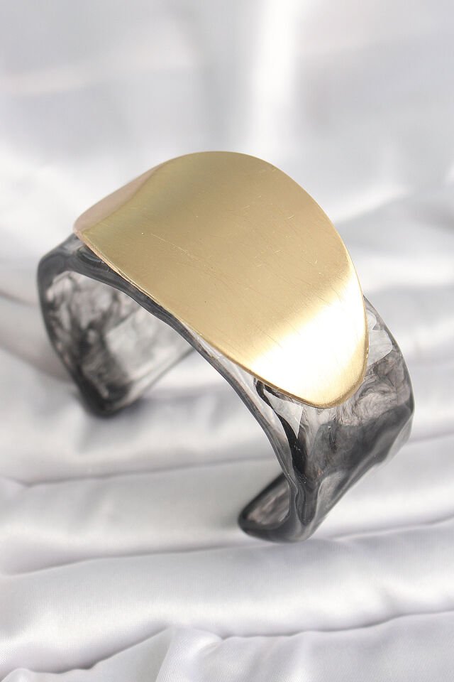 Siyah Mermer Desen Akrilik Plastik Gold Oval Plaka Model Vintage Kadın Bilezik - Lisinya