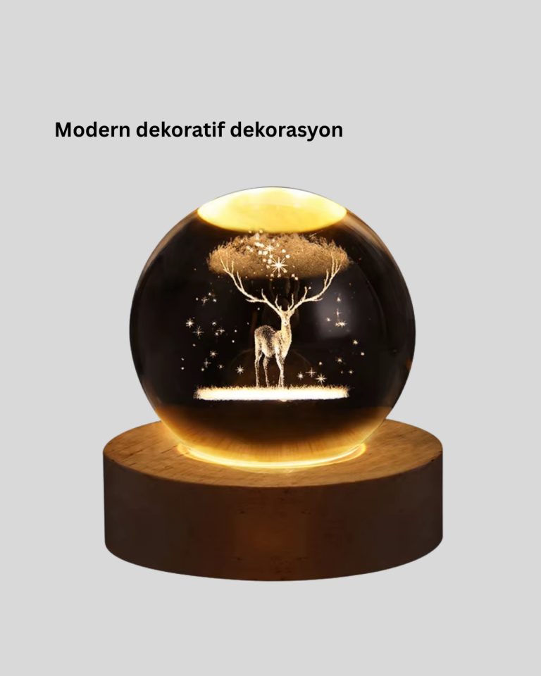 LED Işıklı Geyikli Kristal Küre Ahşap Standlı Modern Dekor Lamba - Lisinya