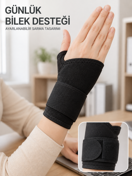 Siyah El Bilek Desteği Cırtlı Ayarlanabilir Başparmak Geçişli Bileklik Spor Bandajı - Lisinya