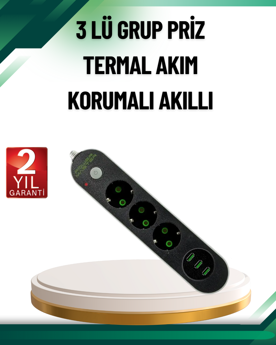 Akım Korumalı Anahtarlı USB Girişli Üçlü Priz - Lisinya