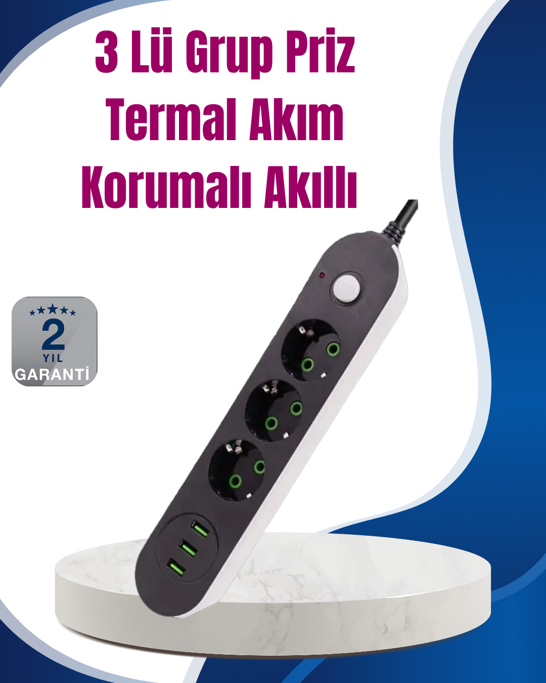 3 USB Çıkışlı Hızlı Şarjlı Anahtarlı Üçlü Priz - Lisinya